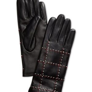 Charter Club Plaid Topstitch Leather Gloves, Black, Medium